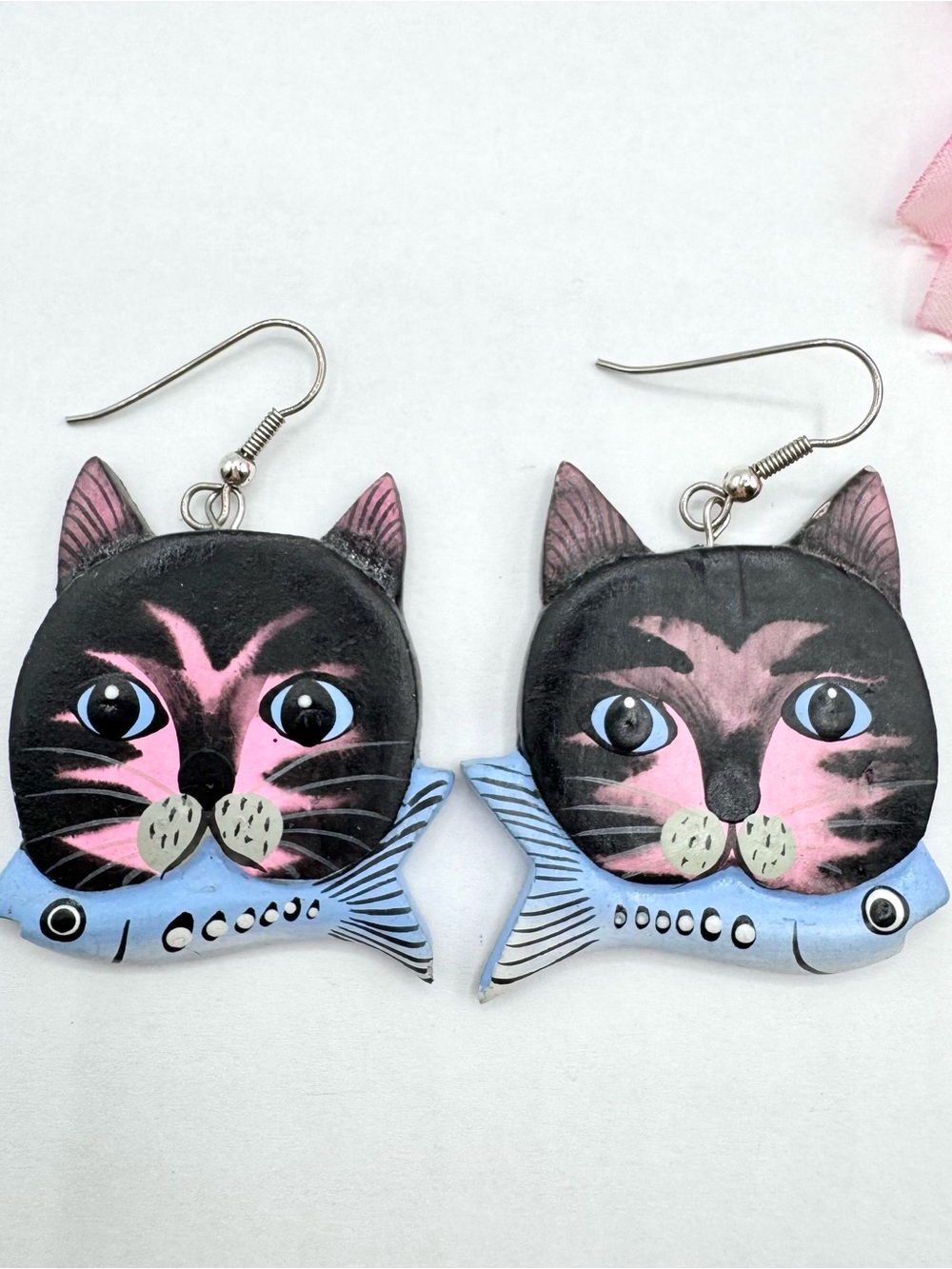Cat With Fish In Mouth Earrings Folk Art Hand Painted Lightweight Wood Kitschy